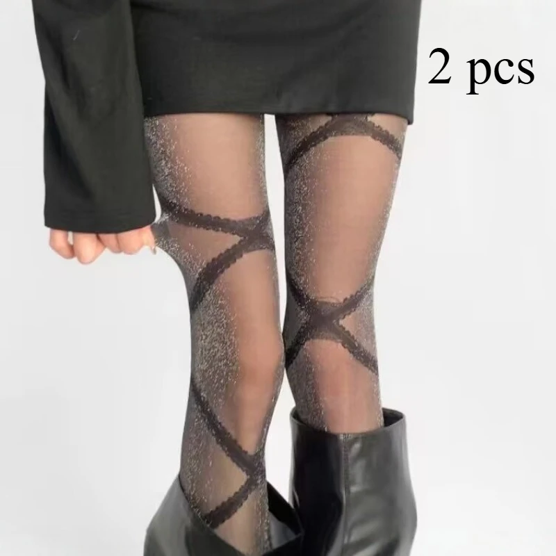 

2 шт., женские сексуальные черные блестящие чулки с серебряным луком, чулки с перекрестной линией, колготки в стиле панк, кружевные колготки, аксессуары для вечеринок в ночном клубе