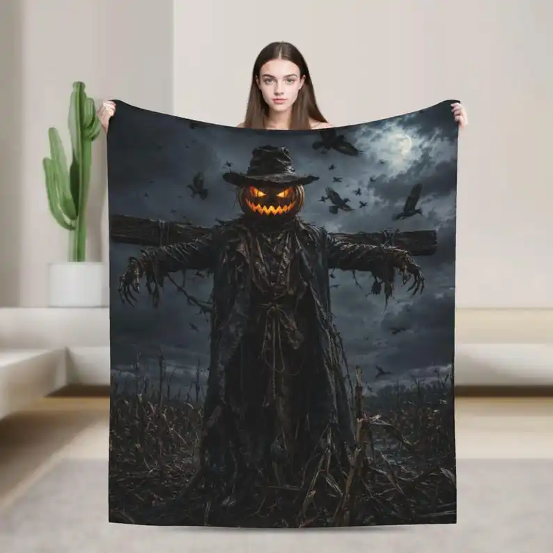 Scarecrow Jack o Lantern Flannel Blanket: Gothic Halloween Spooky Decor, 300gsm Cozy Throw