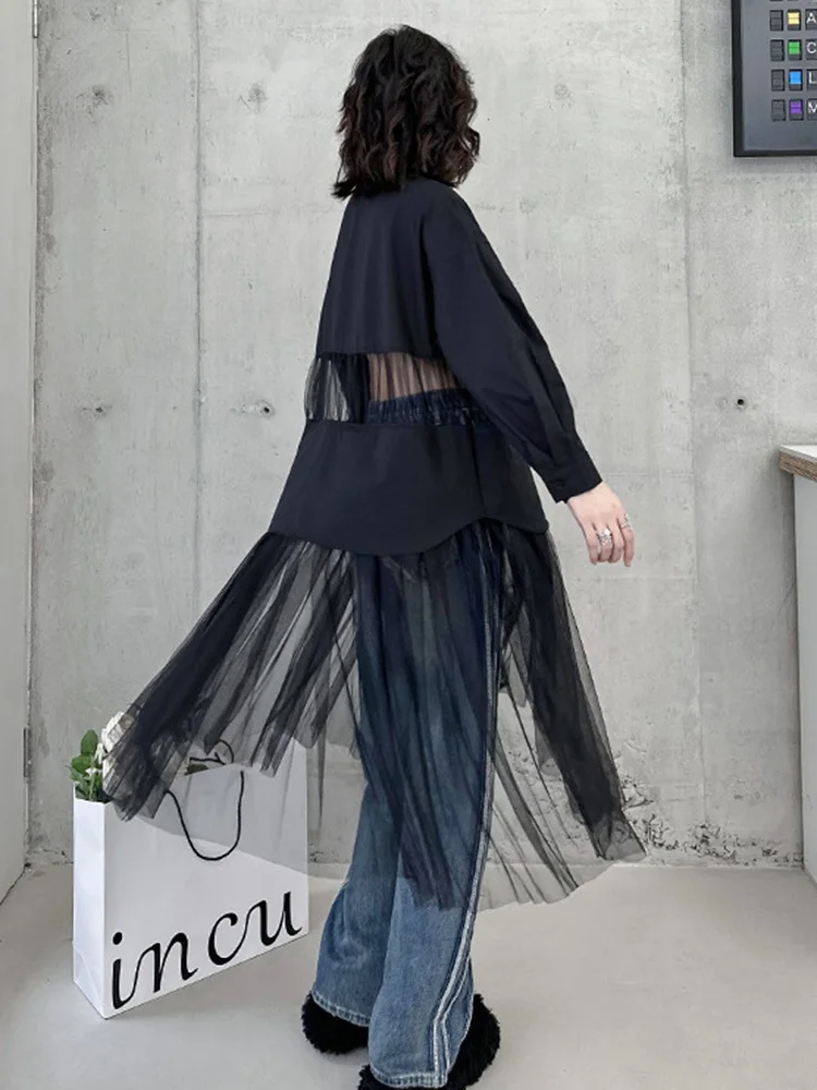 [EAM] Women Black Big Size Long Mesh Perspective Blouse New Lapel Long Sleeve Shirt Fashion Tide Spring Autumn 2024 1DH4545