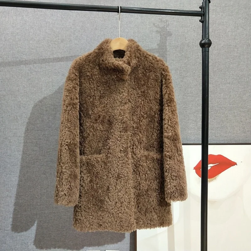 Minimalist Style Stand-up Collar Sheep Shearling Coat Women Mid-length Casual and Warm Winter Jacket JT516