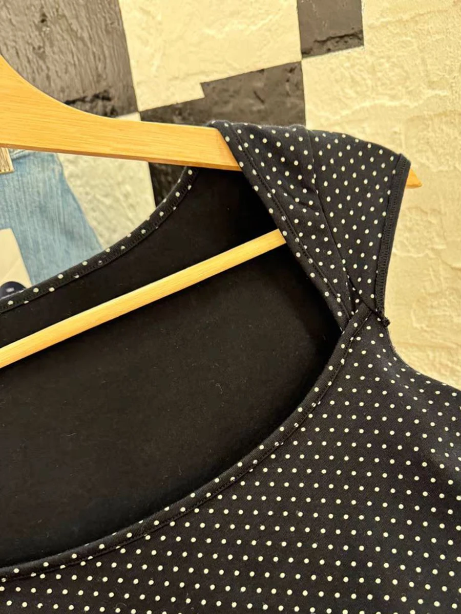 Dot Sleeveless Black Slim T-shirt Woman Summer Sexy Square Collar Cotton Tee Shirt Preppy Style Cute Streetwear Y2k Crop Tops