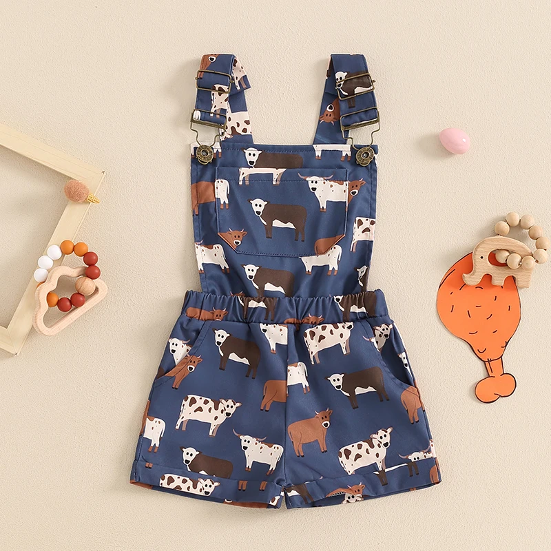 Kids Girls Overalls Farm Cow Chicken Print Sleeveless Straps Buttons Pockets Shortall Summer Romper Jumpsuit