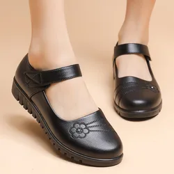 New Black Flat Spring Shoes Comfortable Elderly Woman Mary Jane Flats Lady 1980s Retro Student Uniform Office Shoes Big Size 42