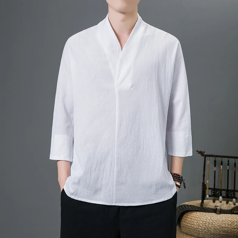 Hemp เสื้อผู้ชาย2023บุรุษฤดูใบไม้ผลิแขนยาว V-Neck เสื้อผู้ชาย Pure Slim Fit สไตล์จีนผ้าลินินชายเสื้อเสื้อลำลอง