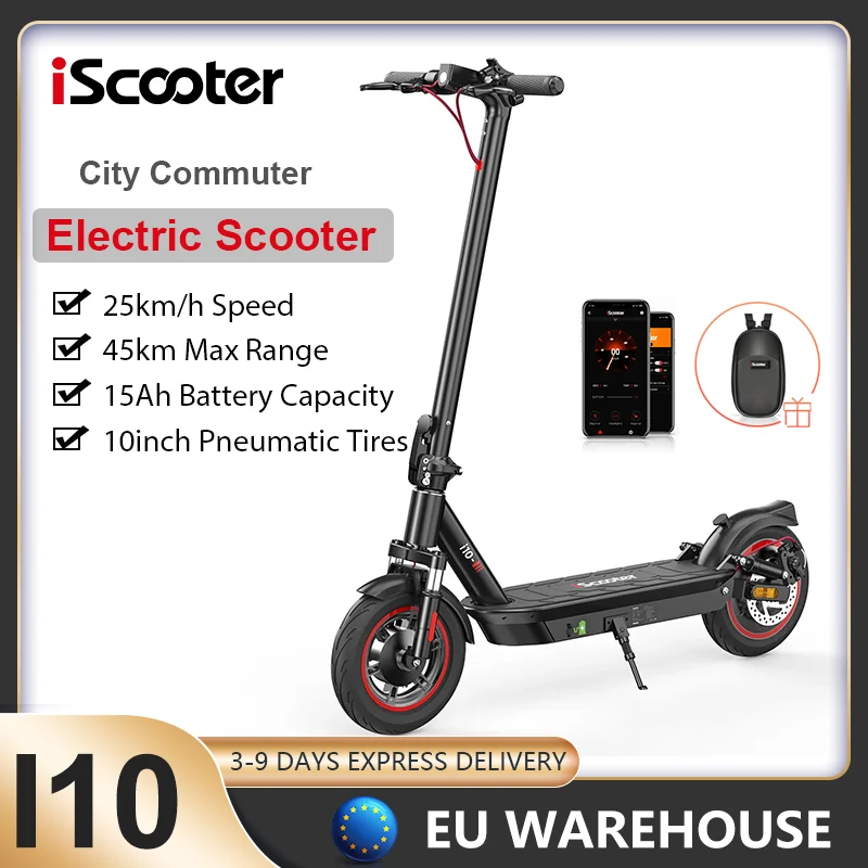 IScooter I10-9: patinete eléctrico plegable para adultos, con neumáticos de 10 pulgadas, doble sistema de absorción de impactos, velocidad