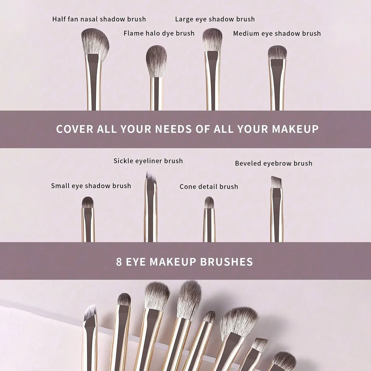 Champagne zilveren draagbare oogmake-upborstelset, 8 stks/pak