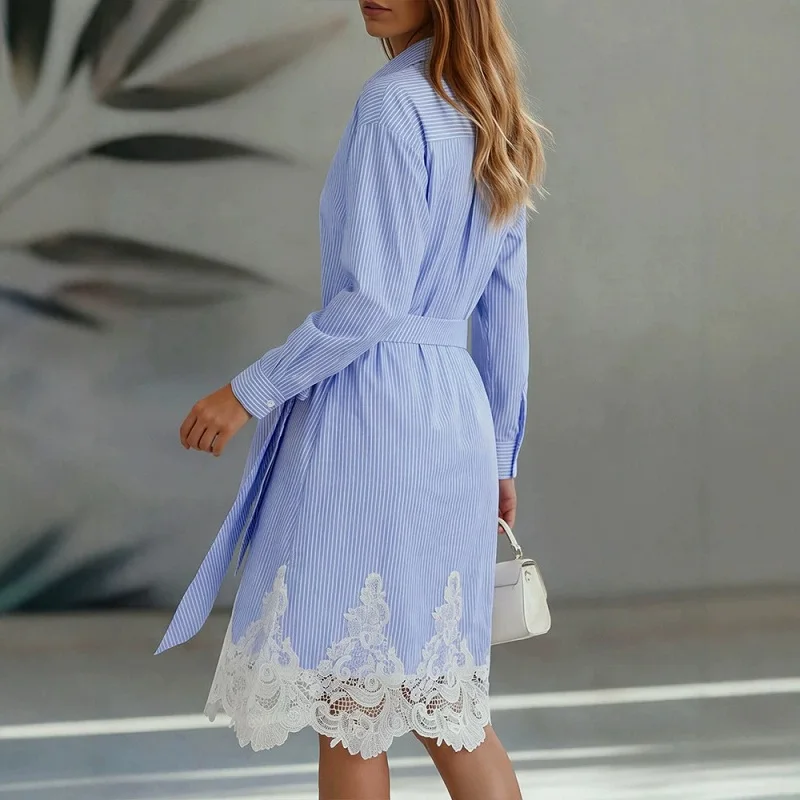Elegant Stripe Lace Splice Office Commute Outfit Casual Single Breasted Shirt+Skirt 2pc Set 2026 Fashion Collar Long Sleeve Suit