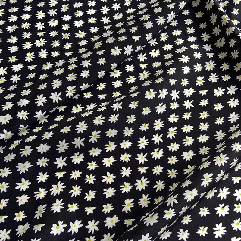 114CM Wide 16mm Small White Floral Printed Thin Black Silk Crepe de Chine Fabric for DIY Sewing Dress Pants Pajamas C001-58