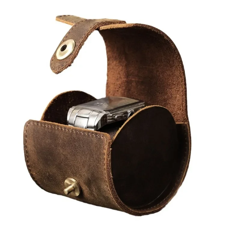 Vintage Crazy Horse Cowhide Travel Portable Watch Box Single Pack Handmade Genuine Leather Watch Storage Box