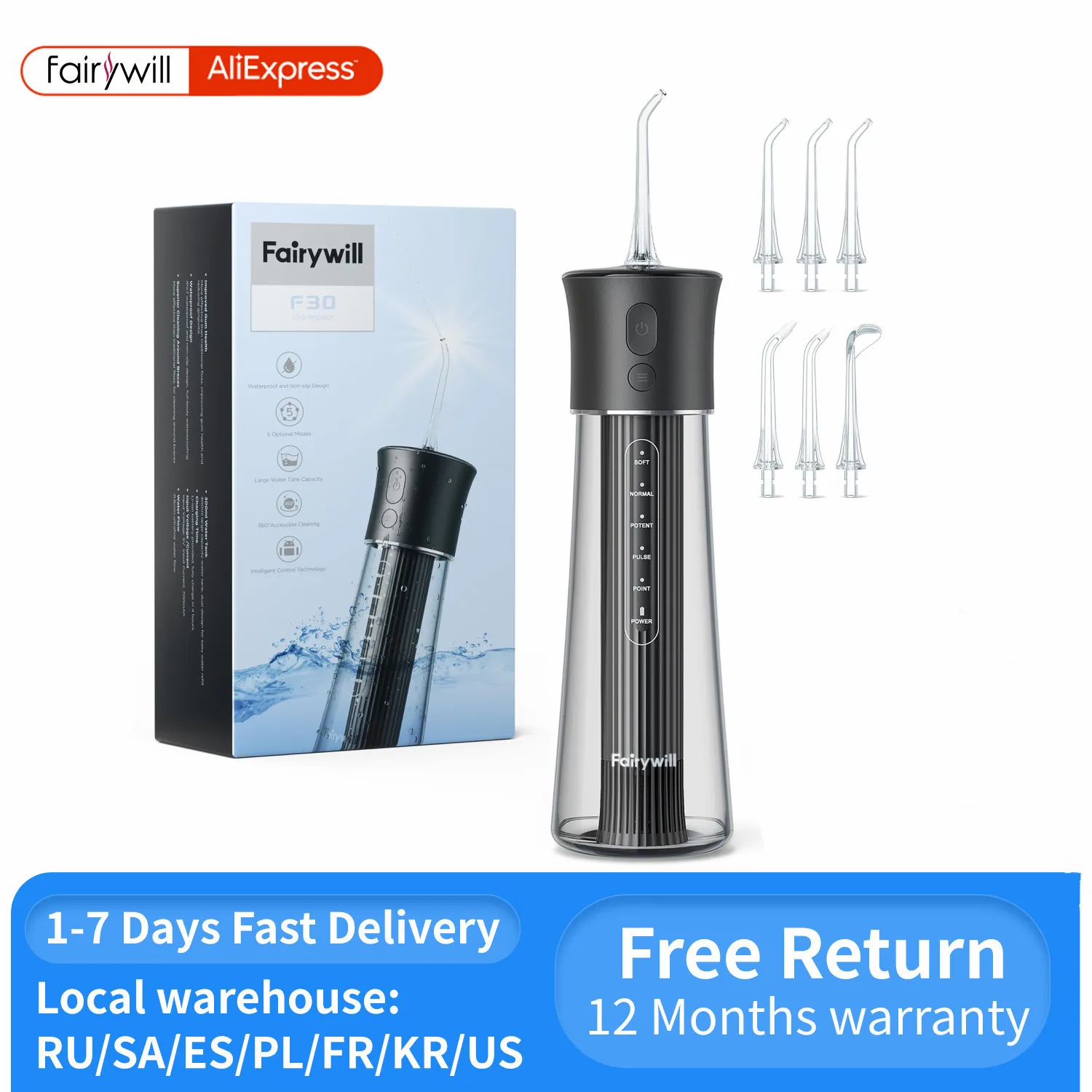 Fairywill F30 Water Flosser 5 Mode Oral Irrigator Teeth Dental Water Jet Rechargeable Portable 300ML Water Tank Teeth Cleaner