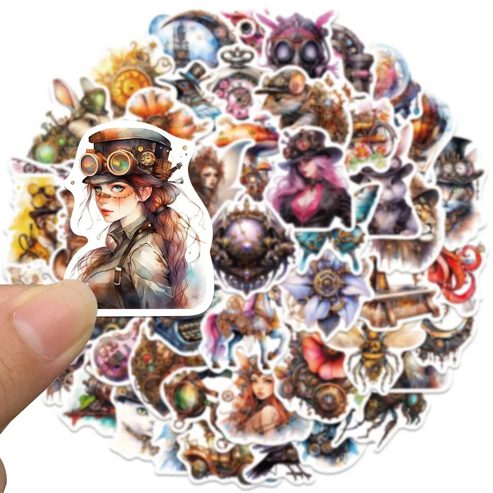 50pcs Aesthetic Watercolor Cartoon Steampunk Graffiti Stickers For Laptop Water Bottle Luggage Notebook Waterproof Vinyl Decals