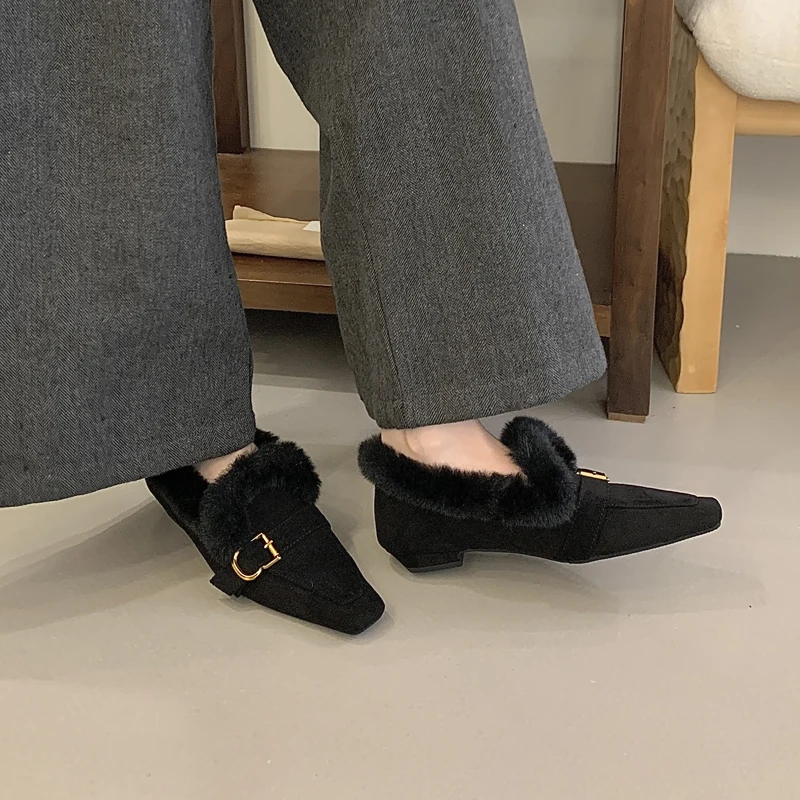 

fur Shoes woman winter buckle chunky heel pumps vintage flock square toe shallow furry slides luxury slip on loafers black brown