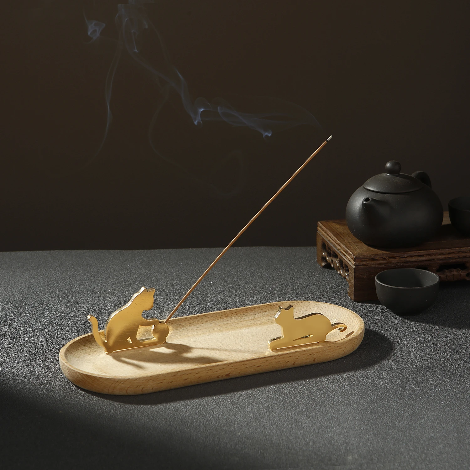 Metal Mini Cat Incense Holder for Sticks Creative Incense Burner with Wooden Ash Catcher for Meditation Yoga Spa Home Decor