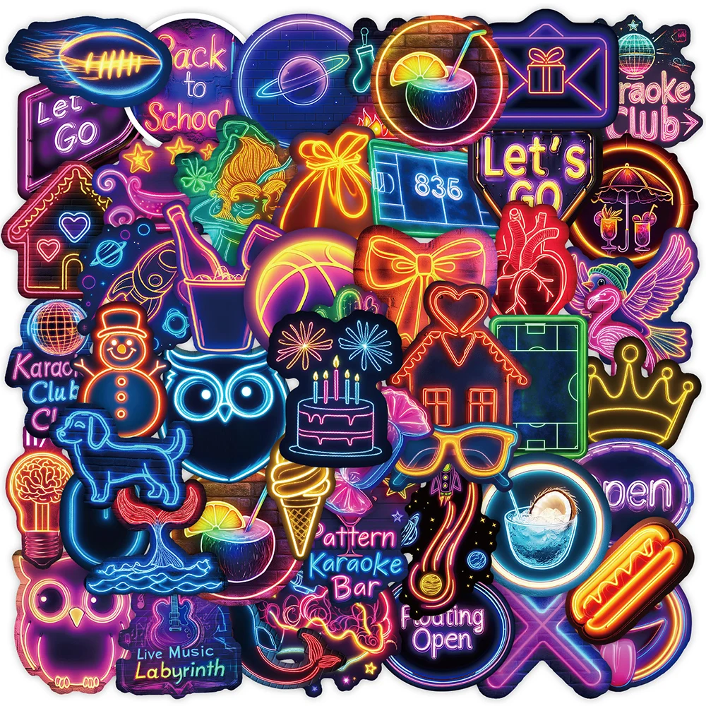 10/30/50pcs Neon Light Cartoon Stickers Mixed Cool Waterproof Decals DIY Journal Notebook Luggage Aesthetic Graffiti Sticker Toy