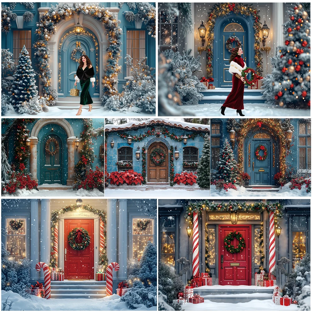 الشتاء عيد الميلاد التصوير خلفية المدخل اكاليل الثلوج شجرة عيد الميلاد الهدايا بريق أضواء الاطفال حفلة صورة خلفية الصورة