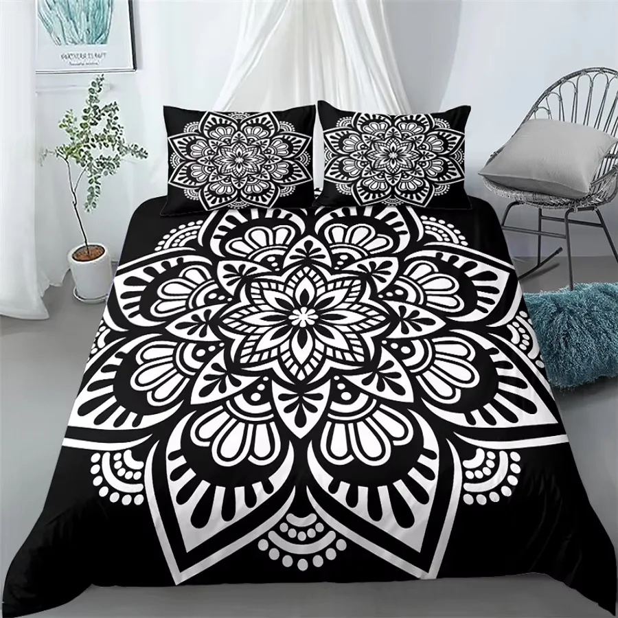 Black Mandala Boho Duvet Cover Set King Queen Double Full Twin Single Size Bed Linen Set