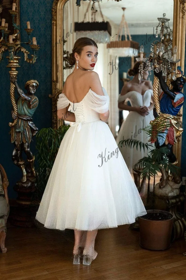 Короткое свадебное платье чайной длины на заказ, скромное свадебное бальное платье с открытыми плечами, белое простое свадебное платье невесты, вечерние платья