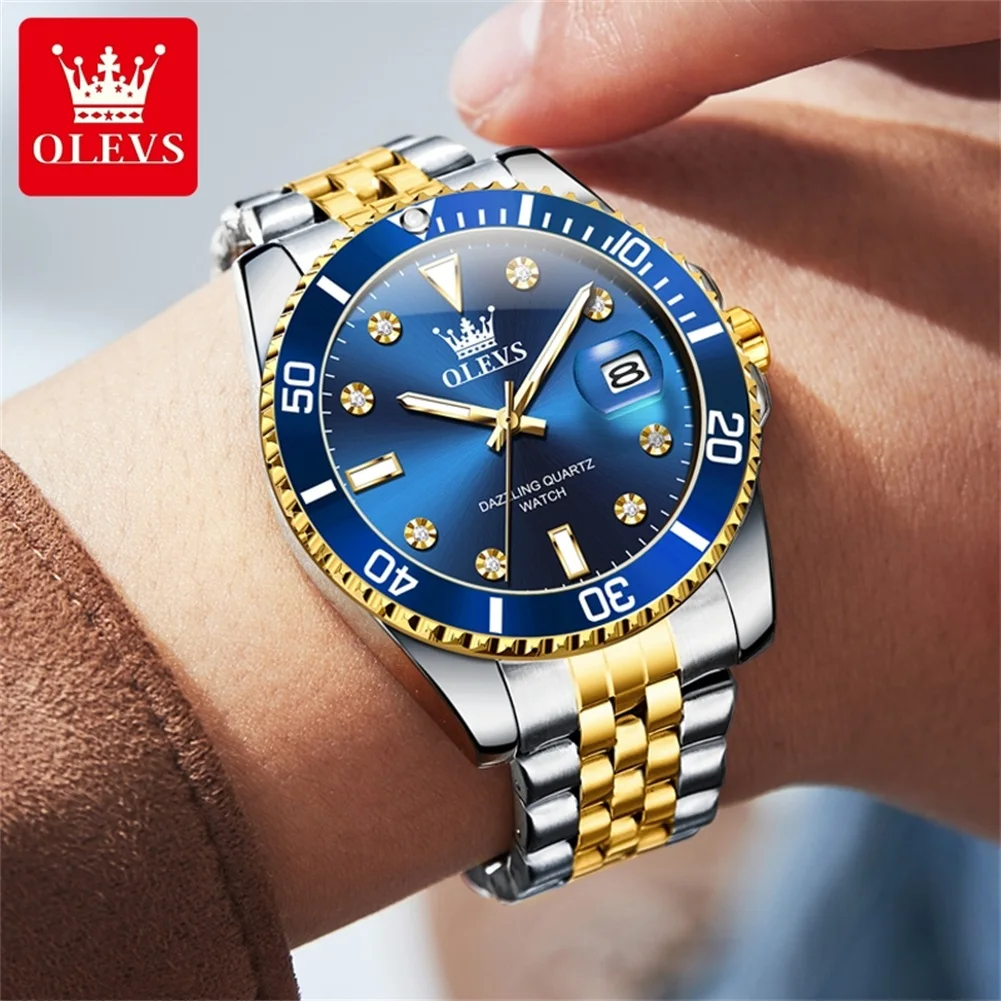 OLEVS Luxury Watch Business Waterproof Male Clock Luminous Date Stainless Steel Blue Quartz Men Watch Reloj Relogio Masculino