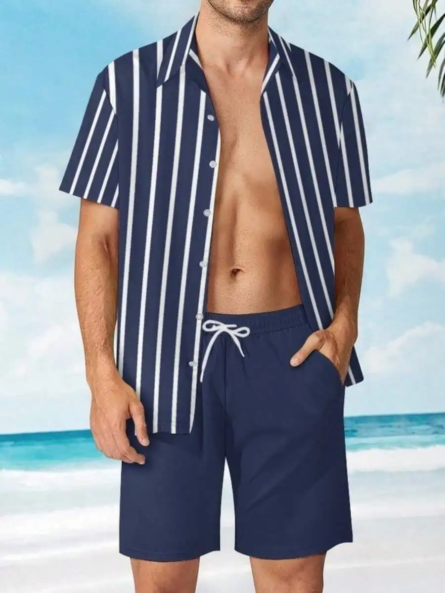 

Mens Casual Striped Short Sleeve Lapel Shirt And Shorts Set