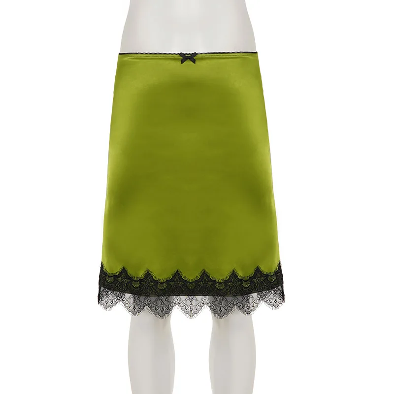Elegant temperament women's satin half skirt lace patchwork contrasting color bow wrapper hip skirt for women