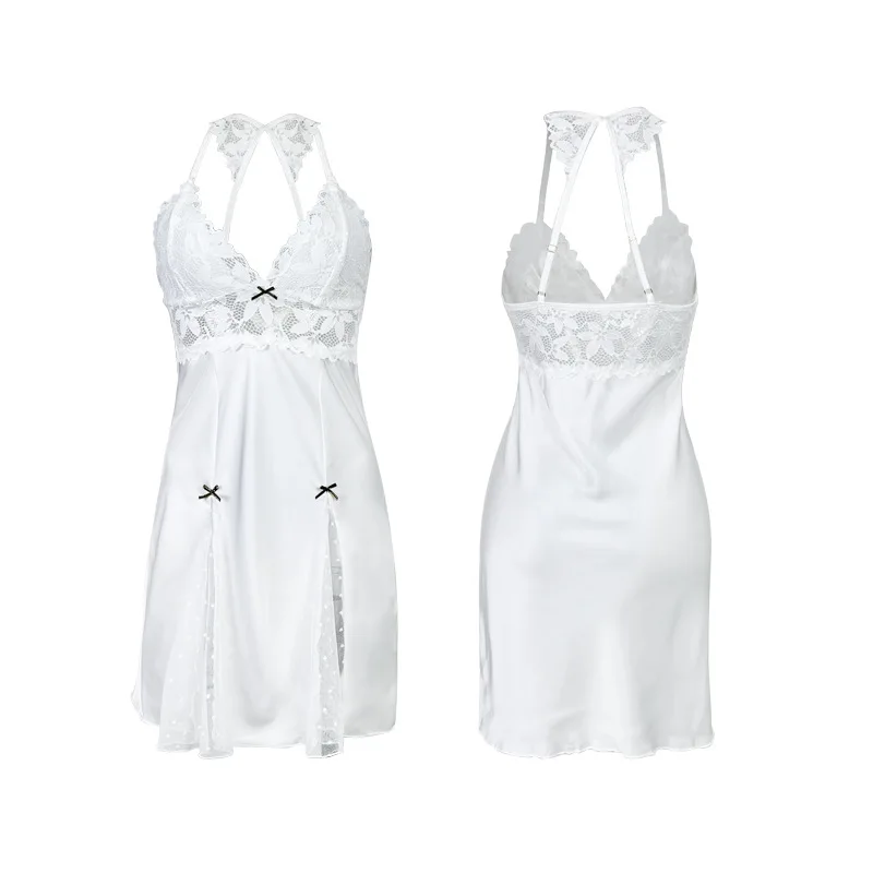 Сексуальное горячее женское белье для взрослых, атласное платье-комбинация, кружевные лоскутные пижамы на подтяжках для женщин, с открытой спиной и бантом, белое, Новое поступление