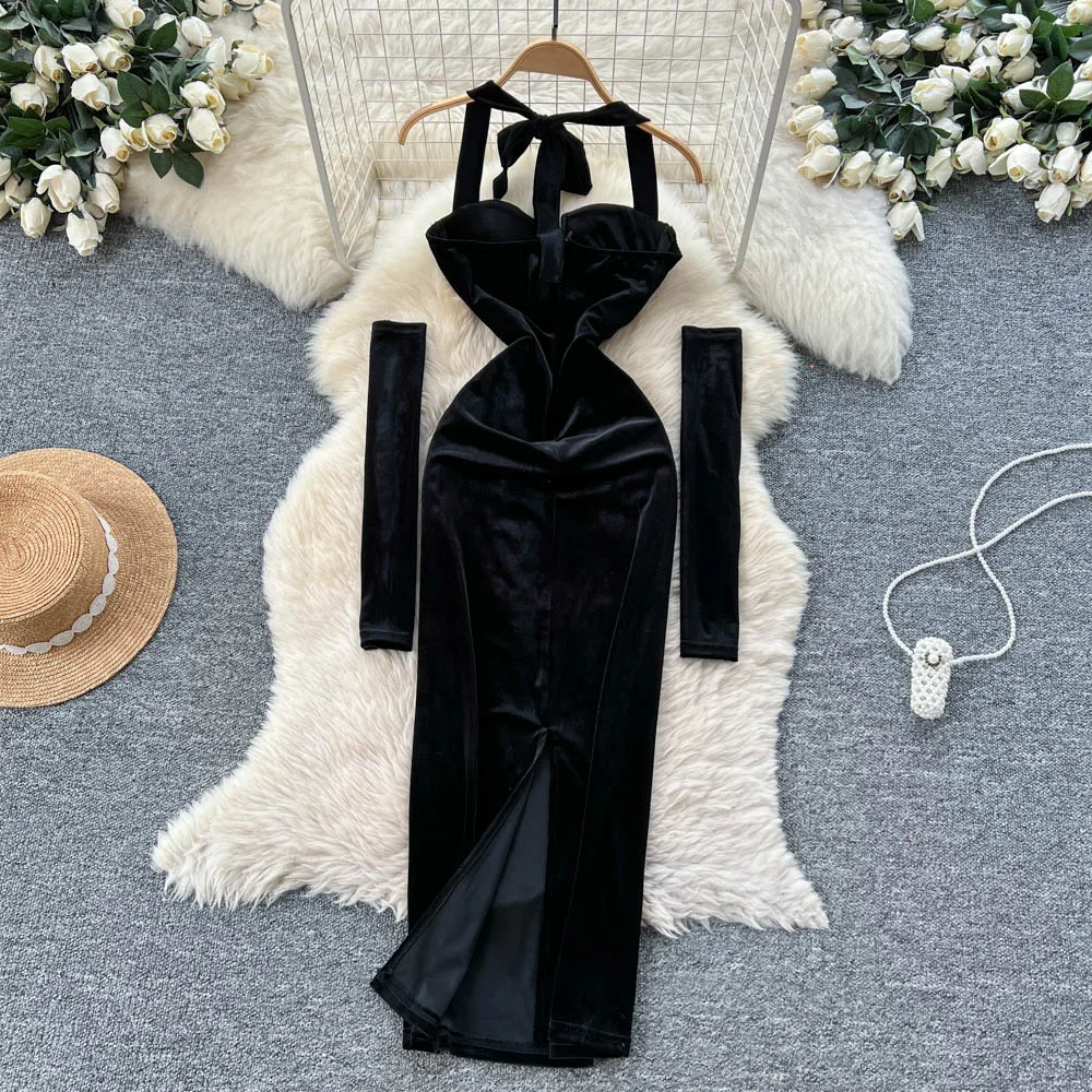 Chic vintage halter velour long sleeve Long dress korean fashion autumn women clothing ceremony dresses