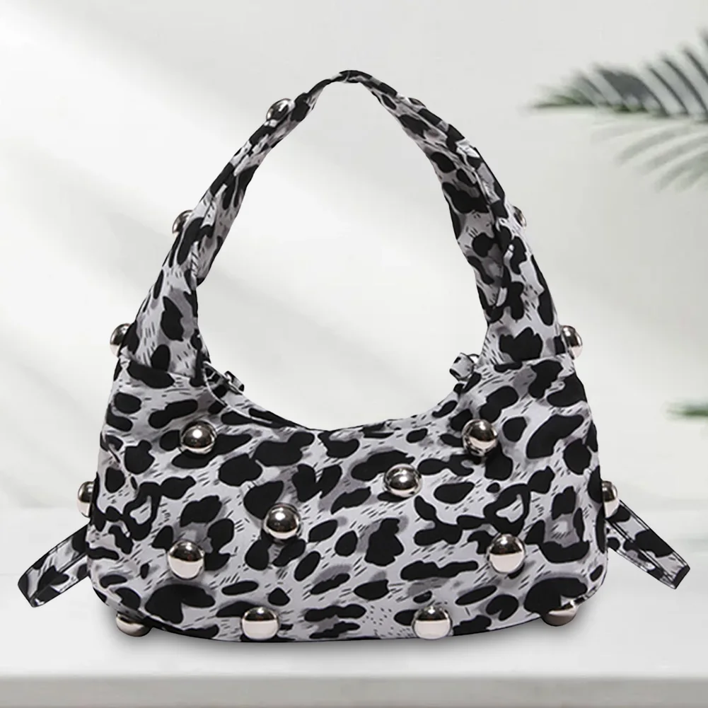 Women Studded Leopard Print Shoulder Bag Adjustable Strap Rivet Leopard Tote Handbag Fashion Rivet Tote Bag Ladies Commute Bag
