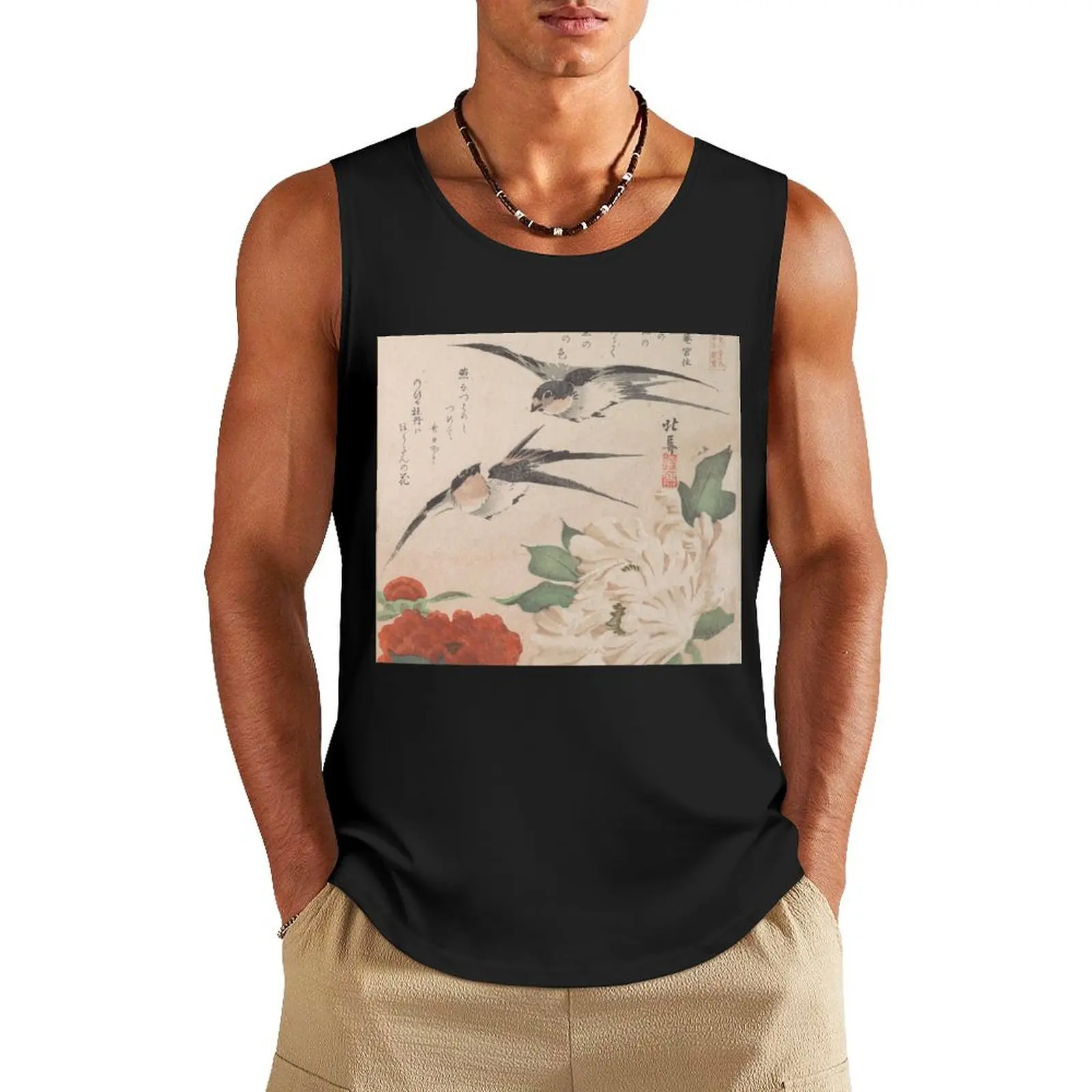 Swallows and Peonies Japanese Edo Art (kachō) Tank Top bodybuilding t shirt Muscle fit Bodybuilding shirt gym wear men