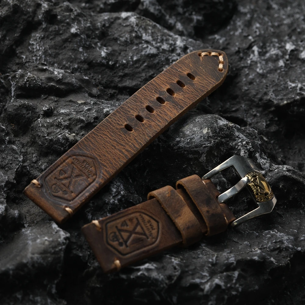 Handmade White Copper Buckle Brown Head Cowhide Strap 20MM 22MM 23MM 24MM Vintage Rugged Style Folded Genuine Leather Bracelet