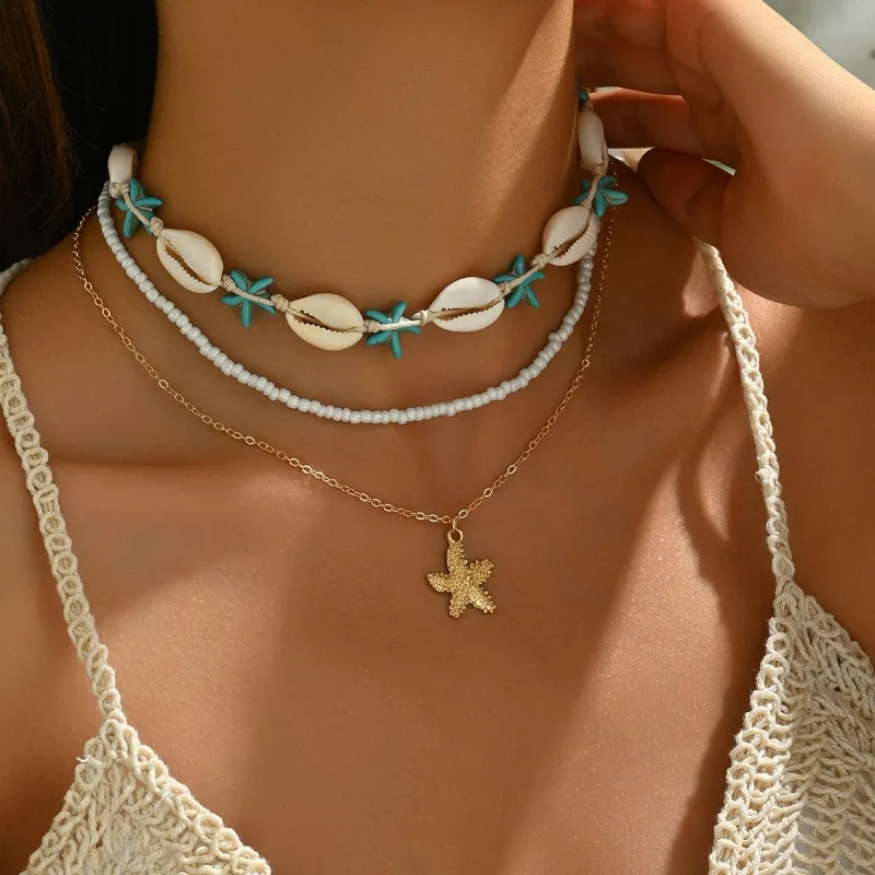 3 Pieces Fashion Bohemian Ocean Beach Shell Starfish Necklace Women's Trend Stacking Triple Layers Collarbone Chain