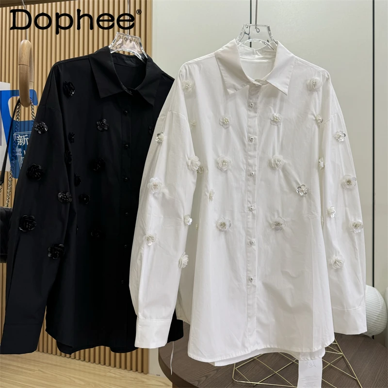 Lapel Three-dimensional Flower Single-breasted Long-sleeved Shirt Loose Top Tide 2025 Early Spring New Women Shirt White Black