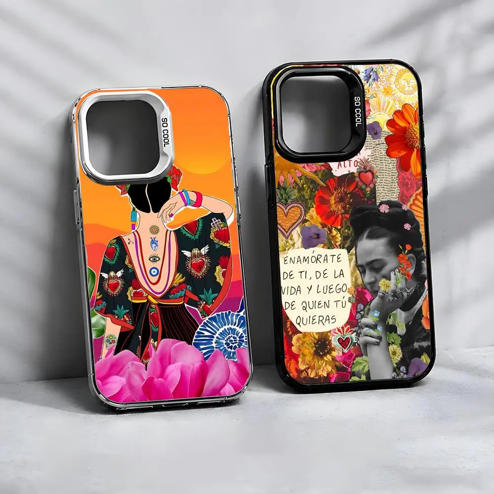 Capa de Celular Artística Frida Kahlo para iPhone 17 16 15 14 13 Pro Max Air, Capa de Luxo Fosca Metálica Aurora a Laser