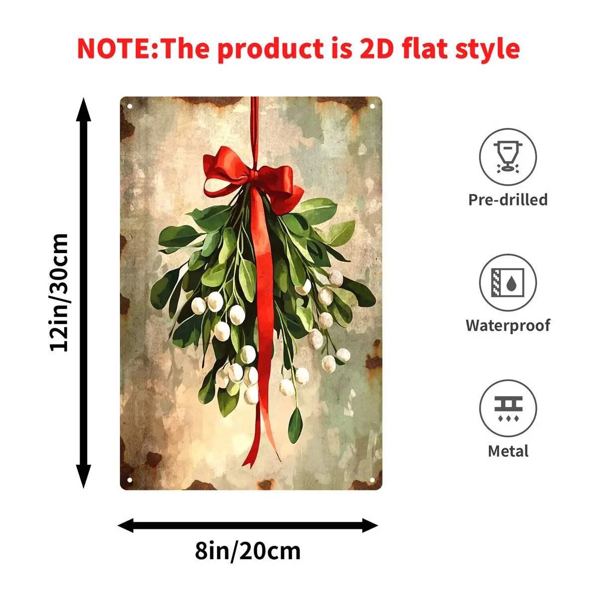 2D Flat, [2D Flat] 1pc of a Festive Metal Sign Featuring a Mistletoe Bouquet, Flat And Measuring Adorned with Green Leaves, a