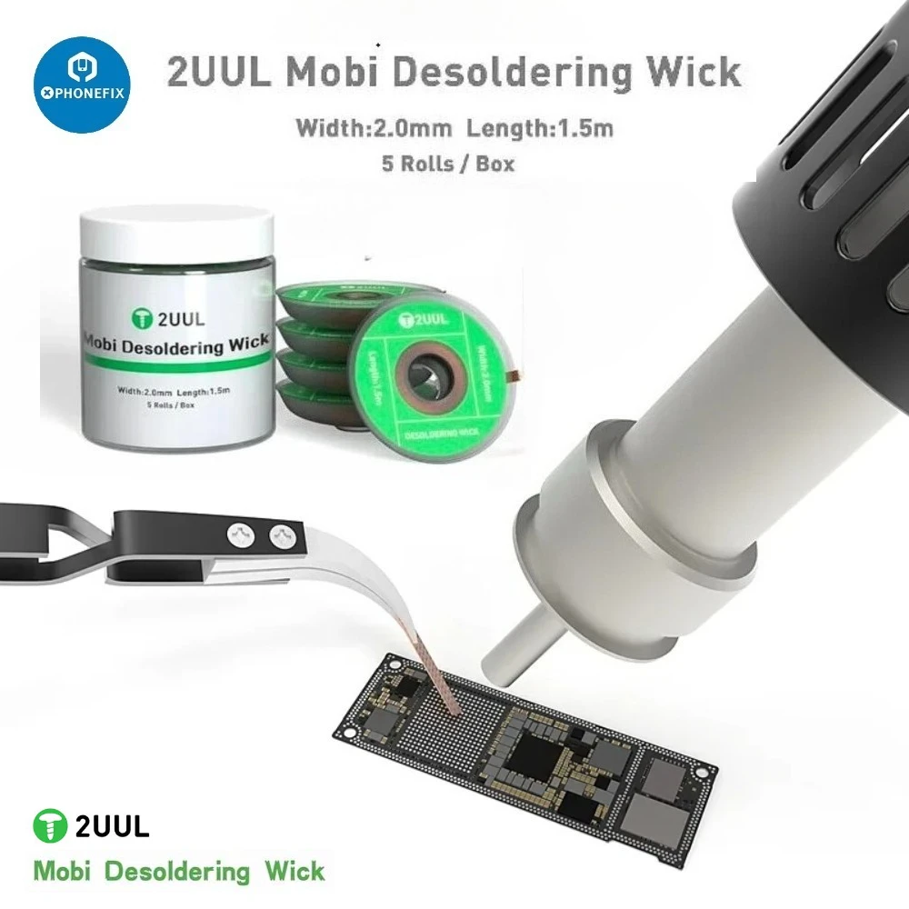 2UUL DW01 Mobi фитиль для распайки, 5 рулонов/коробка, 2,0 мм, 1,5 м для материнской платы мобильного телефона, ремонт печатной платы, сварочная проволока для удаления олова 2UUL DW01 Mobi фитиль для распайки, 5 рулонов/коробка, 2,0 мм, 1,5 м для материнской платы мобильного телефона, ремонт печатной платы, сварочная проволока для удаления олова