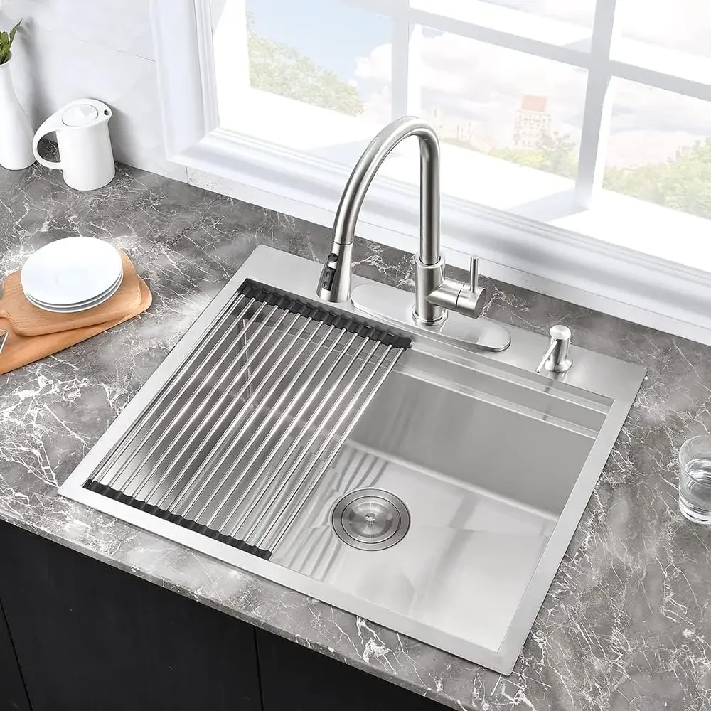 25 Inch Workstation Kitchen Sink Drop In-Hovheir 25x22 Stainless Steel Drop ,16 Gauge 10 Inch Deep Single Bowl Utility Sink