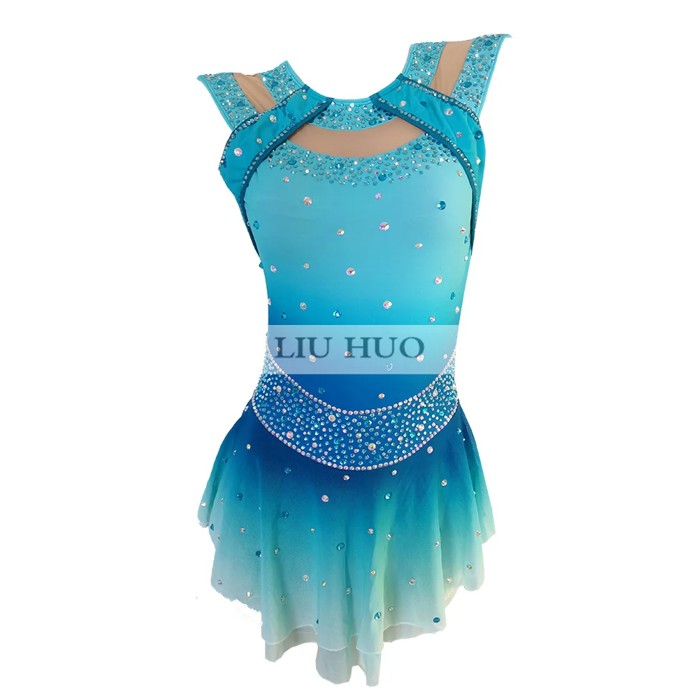 LIUHUO-vestido de patinaje artístico para danza sobre hielo, traje personalizado para mujeres y adolescentes, leotardo de competición de rendimiento azul sin mangas