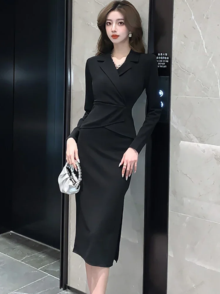 الخريف الشتاء الصلبة المرقعة وهمية قطعتين فستان الكورية أنيقة المرأة فستان 2025 أسود كم طويل Bodycon مكتب سيدة فستان