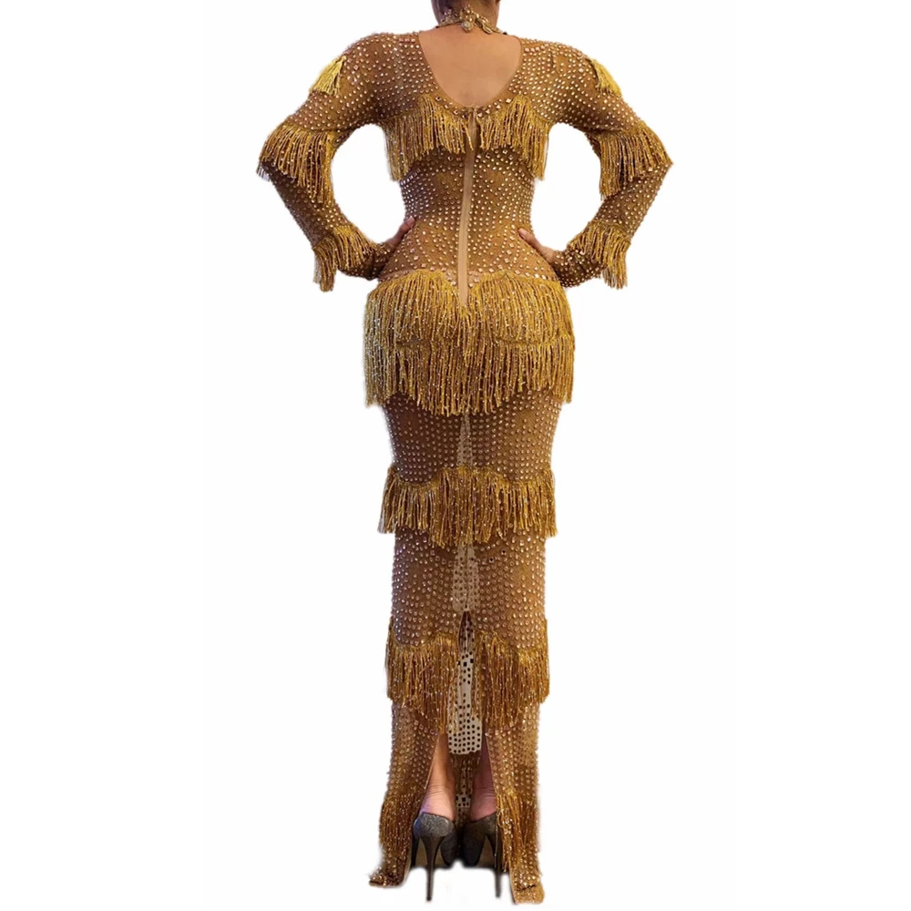 Womens Birthday Celebrate Dress Luxury Gold Fringes Rhinestones Long Sleeve Floor-length Dresses Bar Latin Dancer Singer Dresses