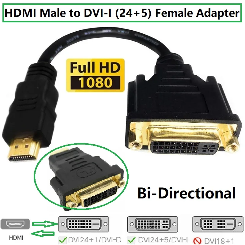 HDMI para cabo DVI, bi-direcional, macho para DVI 24 + 5 Adaptador Feminino, 1080P DVI para HDMI Converter, compatível com PS5 Switch