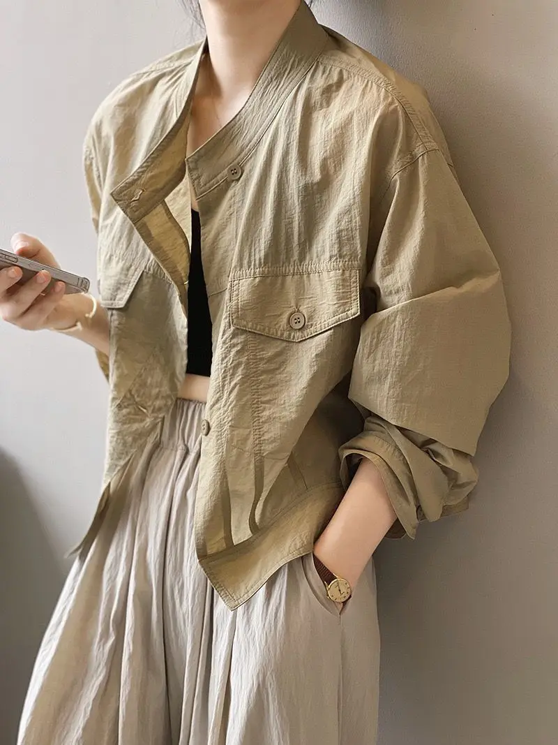 

2025 Sunscreen Jacket Women's New Summer Short Loose Cardigan Top Casual Stand Collar Jacket Shirt