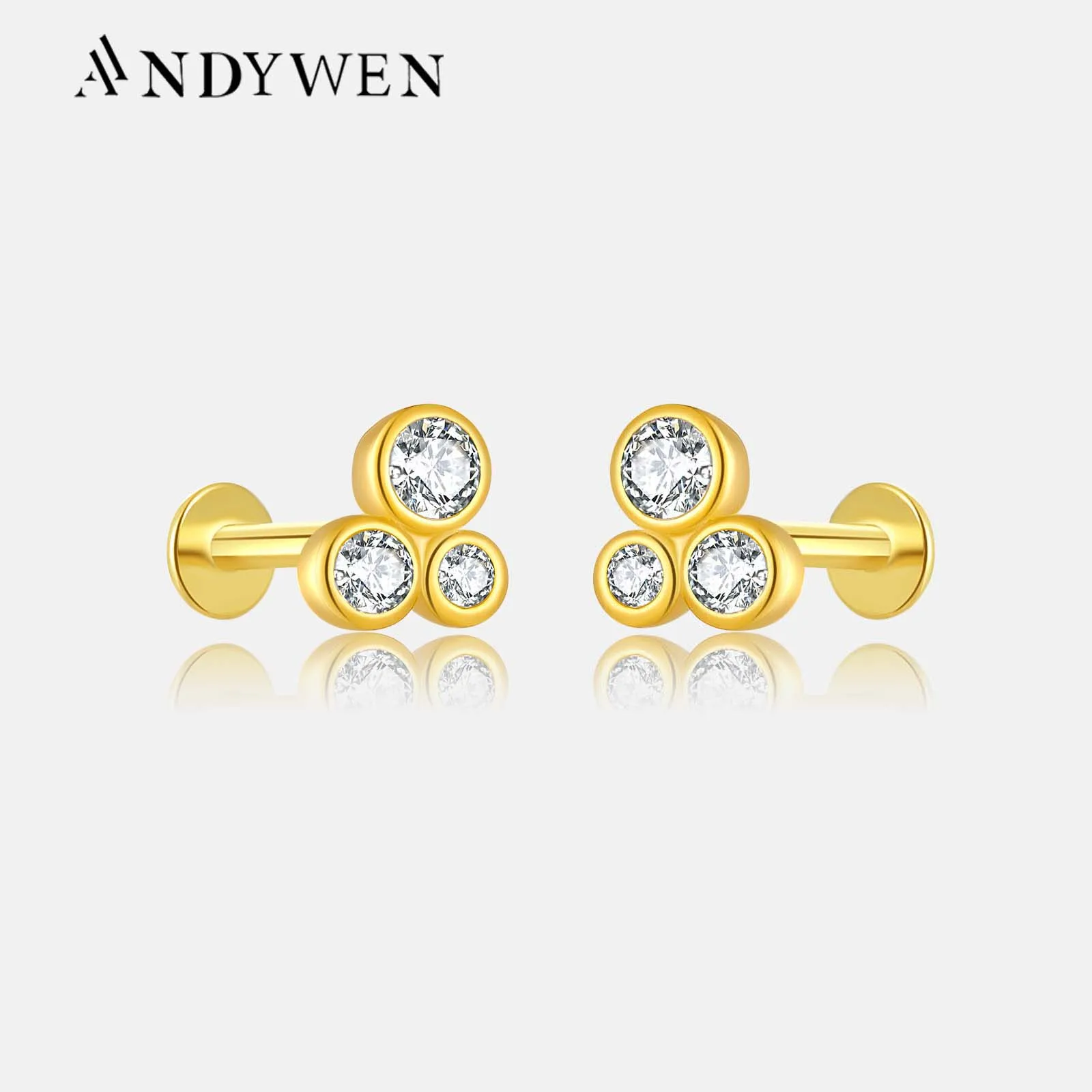 ANDYWEN Gold 925 Sterling Silver Three Zircon Tiny Stud Earring Piercing Pendiente Luxury Fine Jewelry Rock Punk Jewels