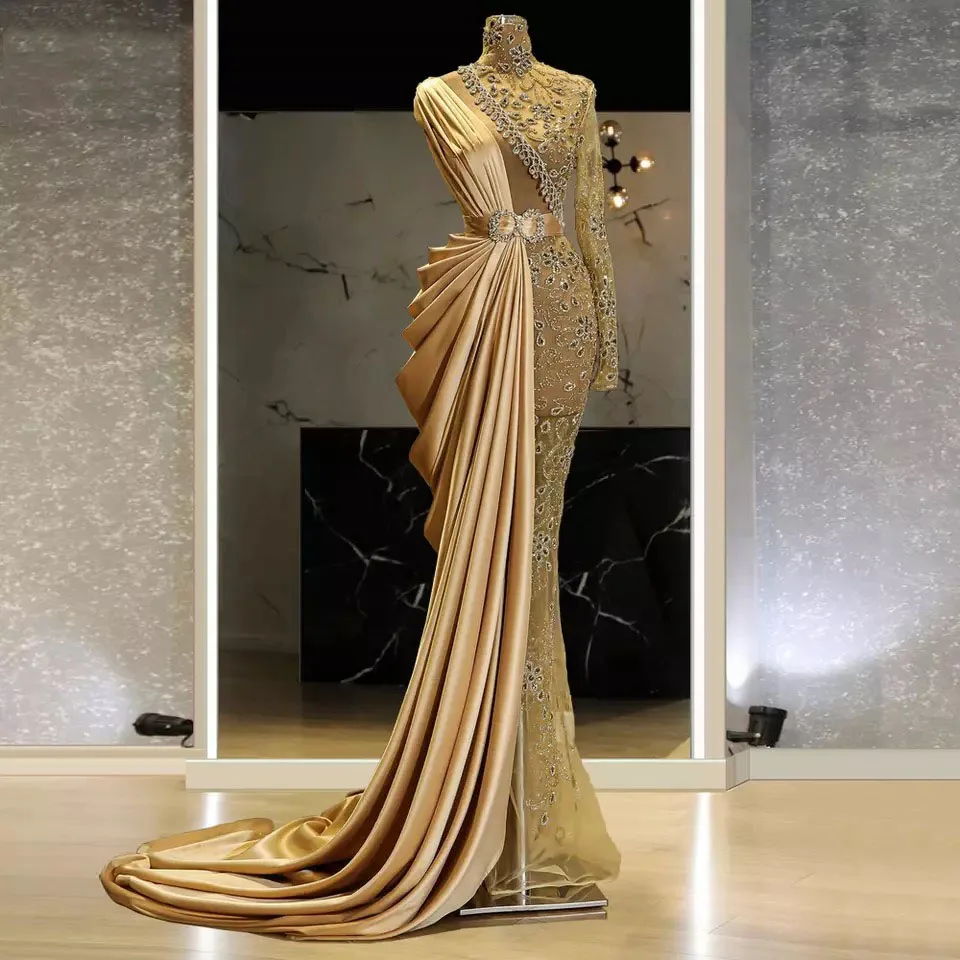 Gold Sparkling Dubai Evening Dress Long Sleeves 2024 Luxury Mermaid Beaded African Women Prom Gown Special Occasions Customized