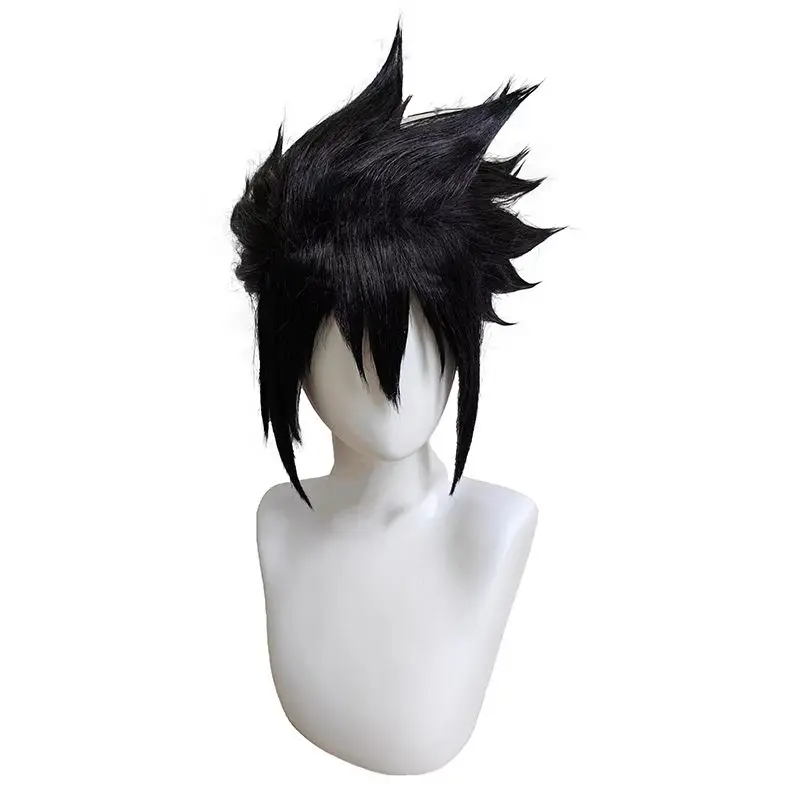 Peluca de cosplay de Sasuke Uchiha, pelo corto y liso con flequillo largo Samurai Updo peluca de cabeza completa
