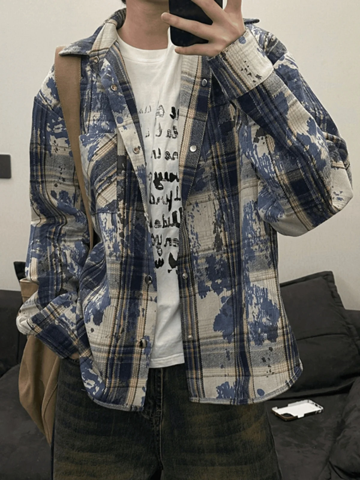 

Double-Sided Wear Plaid Tie-Dye irt Jaet Men's Spring Autumn Casual High-End Feeling Outerwear American Sle Top