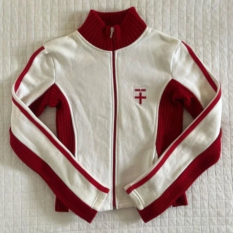 

Deeptown American Retro Y2k Sweatshirts Women Korean Style Sports Striped Zipper Coat Red Preppy Style Patchwork Sweatshirts