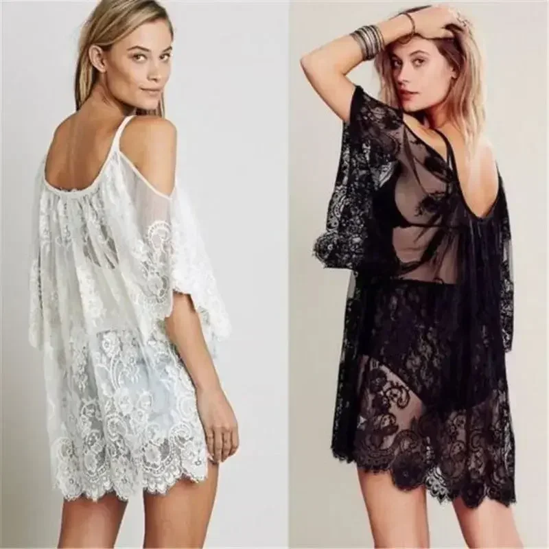 Women Summer Lace Crochet Bikini Cover Up Bathing Suit Off Shoulder White Black Pure Color Loose Beach Dress Women Swimwear