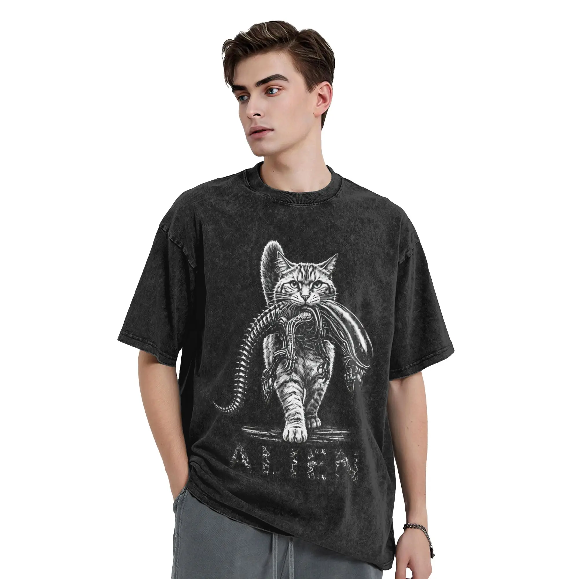 Space Creature Cat Jonesy From Alien Movie T Shirts Hip Hop Washed Cotton Street T-Shirt Vintage Men Women Streetwear Tee Shirt