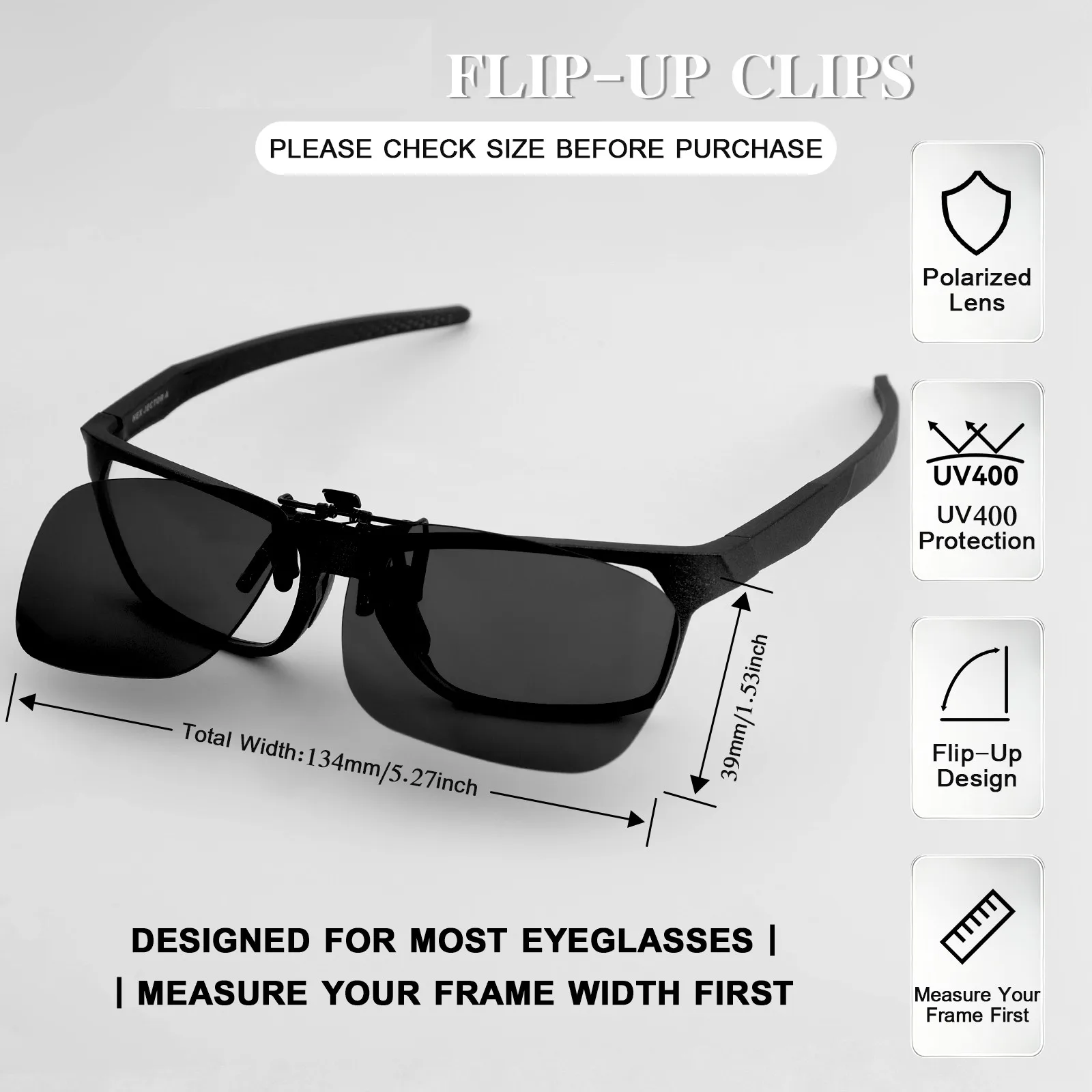ELuxonsight Flip Up Polarized Clip-on Sunglasses Anti Glare Clip onto Glasses Over Prescription Glasses Men Women Compact Fit