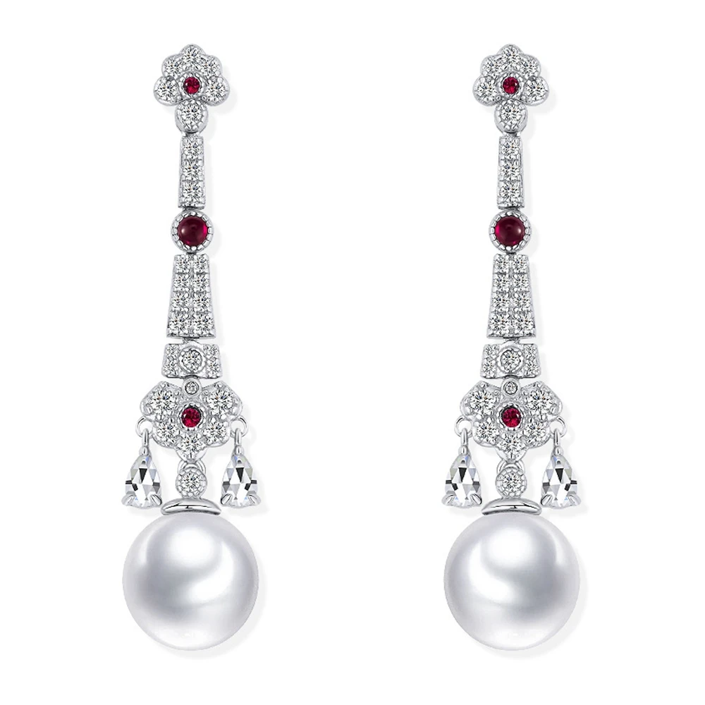 Wong Rain Elegant 925 Sterling Silver 10 MM Pearl Ruby High Carbon Diamond Gemstone Drop Earrings Fine Jewelry for Women Gifts