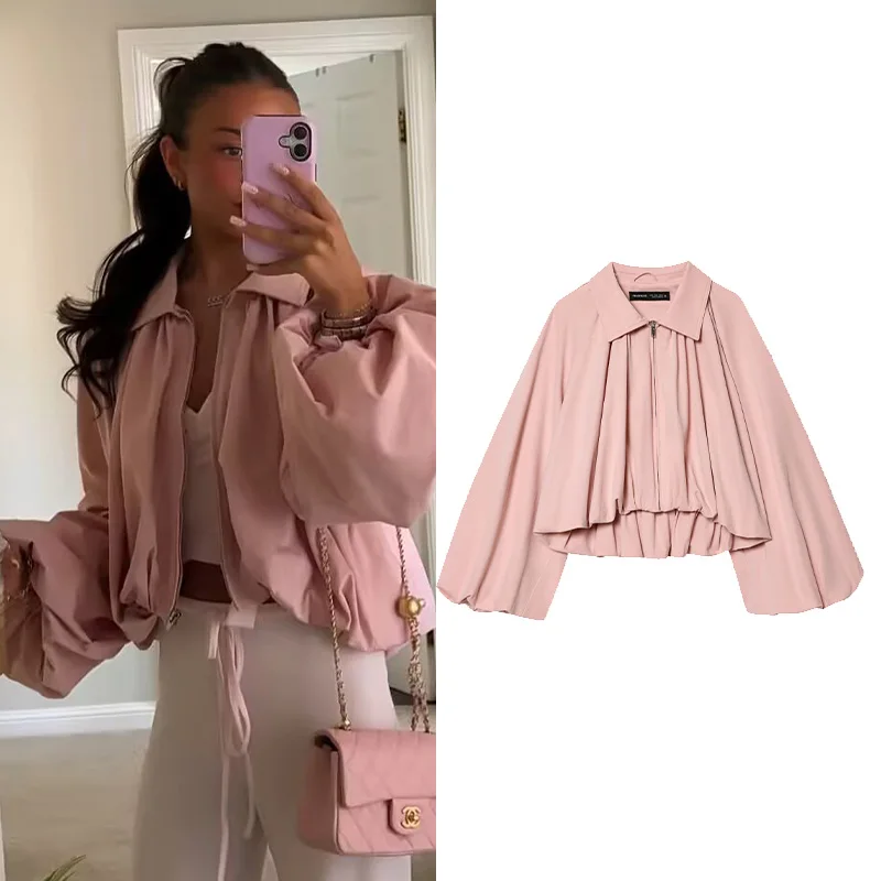 

Women's New Bomber Jacket with Zipper Spring Fashion Turn-down Collar Puff Long Sleeve Gathered Hem Women Coat Female Chic Tops